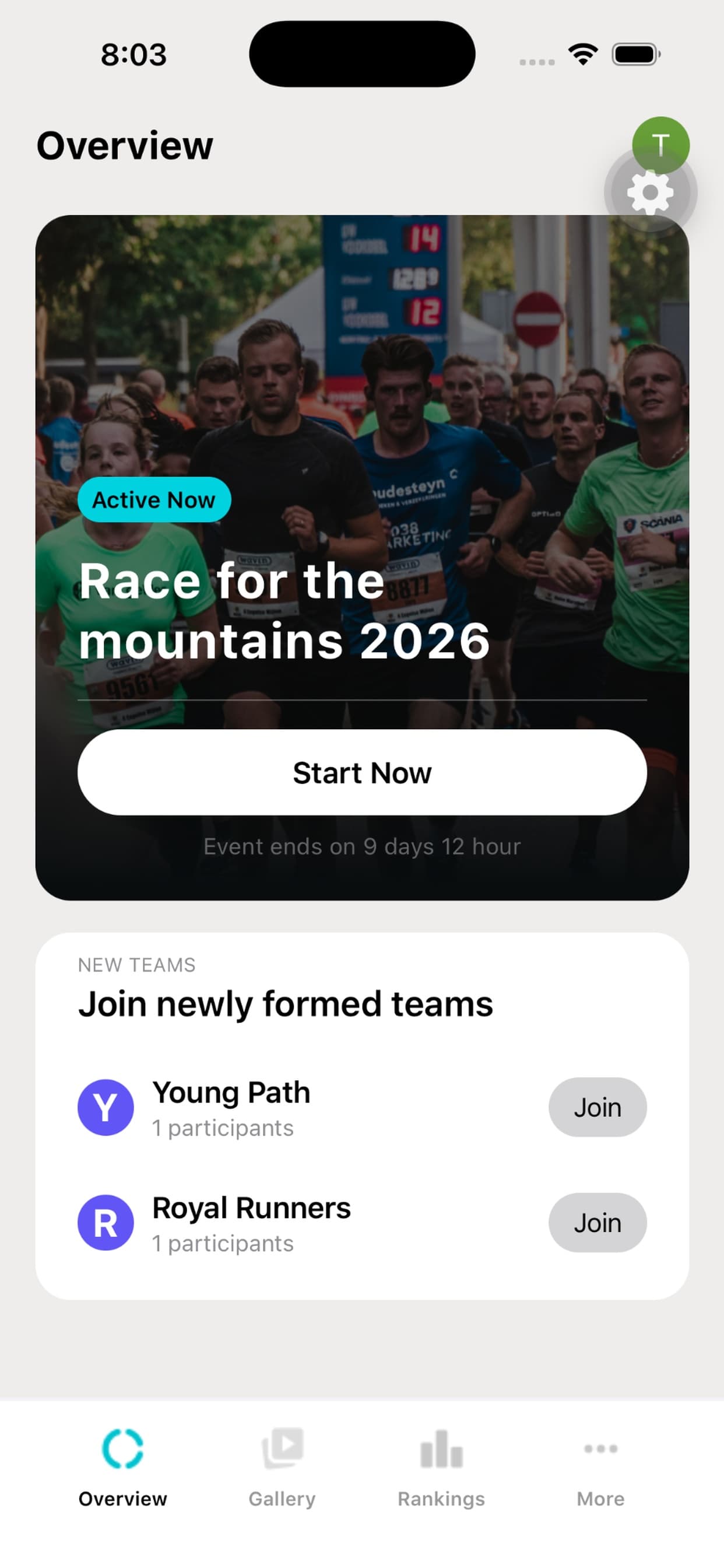 Heartbeat 5K dashboard showing an active race and team cards